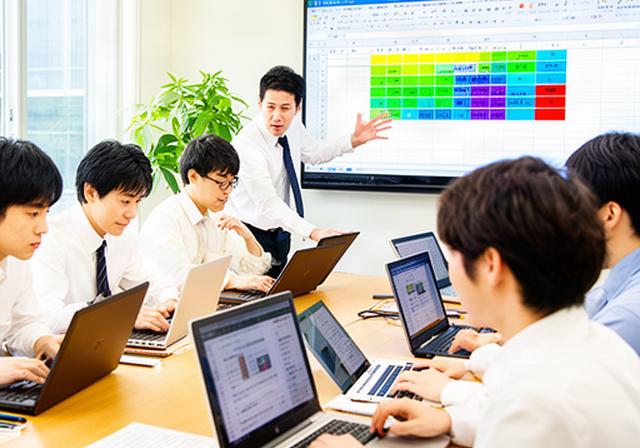 明るい会議室で講師と社員がノートパソコンのExcel画面を見ながら表の操作を練習している様子